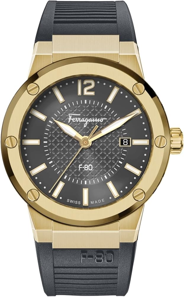 Ferragamo Mens Swiss Made Watch F-80 Collection Featuring Sporty Grey  Silicone Adjustable Strap, Grey Guilloche Dial, Gold Tone Stainless Steel  Case